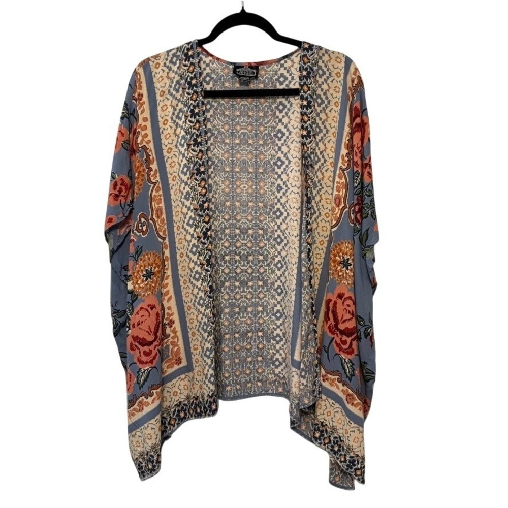 Angie Womens Boho Floral Geometric Open Front Kimono Cardigan Blue M Festival